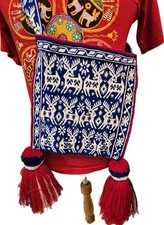RARE Blue White Red Traditional Huichol Textile Woven Bag - Kayumari Blue Deer picture