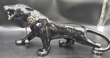 Vtg MCM Black Panther Statue Ceramic Gold Collar Green Jewel Eye TV Lamp 19” USA picture