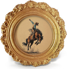 Vintage Western Cowboy Small round Picture Frame 4In, Bucking Bronco Riding Hors picture