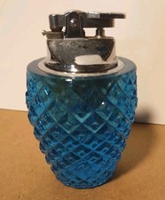 Vintage MID-CENTURY JAPAN Textured Teal Glass BUTANE TABLE LIGHTER picture