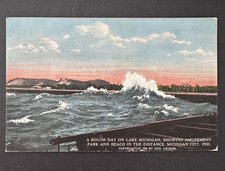 Rough Day on Lake Michigan in Michigan City Indiana c1914 Postcard B4 picture