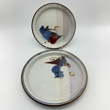 Vintage Signed Studio Pottery Dinner Salad Plate Set Abstract Glaze 10in USA 2pc picture