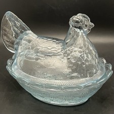 Fenton Art Glass XL Light Blue Split Tail Hen on Nest Candy Box c1970s USA 8.25” picture