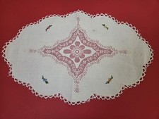 Vintage Hand Embroidered Linen  Table  Runner  Filet Lace  Crocheted Edging picture