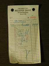 VINTAGE  1945 BELLEVUE DAIRY SCHENECTADY CUSTOMER RECEIPT FOR MILK + picture