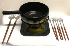SWISS PERK POLKA DOT VINTAGE MCM YELLOW ON BLK ENAMEL FONDUE POT STAND FULL  SET picture