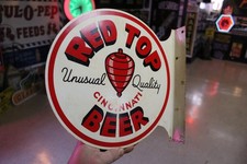 RARE 1950s RED TOP CINCINNATI BEER PAINTED METAL 2-SIDED FLANGE SIGN SPIN TOP picture