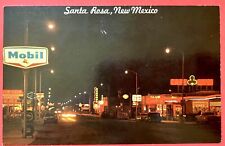 ROUTE 66~ SANTA ROSA, NM ~ NIGHT SCENE~ MOBIL OIL, NEON ~chrome postcard ~ 1960s picture