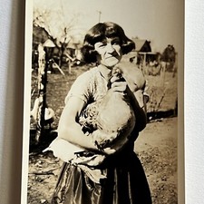 Vintage Sepia Snapshot Photograph Woman Holding Big Silly Goose Odd Farm Life picture