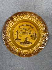 Vintage Washington State Souvenir Ashtray Mt Rainier Space Needle Glass Yellow picture
