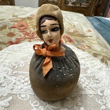 Antique 1920s Art Deco Flapper Half Doll Pincushion Velvet Skirt Composition picture