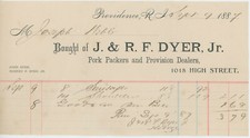 1887 J. & R. F. Dyer Billhead Providence Rhode Island Pork Packers Provisions picture