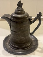 ANTQ c1890 Pewter Syrup Pitcher Hinged Lid Tray Ornate Handle w/ Bird Finial 6” picture