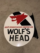 WOLF'S HEAD MOTOR OIL DOUBLE FACE FLANGE A-M 1-73 METAL GAS STATION SIGN picture