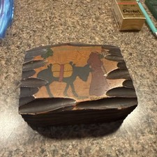 Vintage Wood Carved Box Chico By Pintado Mexican Friar with Donkey Motif picture
