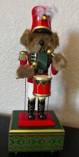 Animated Wooden Nutcracker Teddy Bear Drummer Music Box Hand Crafted Christmas picture