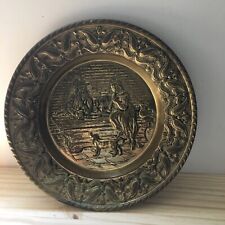 Vintage Embossed Brass Plate Wall Hanging W/ Tavern Scene 12