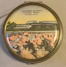 Vintage 1930s Hialeah Park Miami Florida Souvenir Compact Flamingos picture