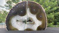 RARE LARGE 5 1/2” Tall Green Banded Agate Geode Stone Bookends Geometric Circles picture