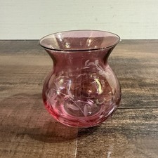 Vintage Cranberry Glass Posy Vase Bohemian Hand Etched Floral 4” Pink Lustre picture