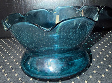VTG Bischoff? Glass Ruffled Blue Bowl MCM Hand Blown Footed Centerpiece picture