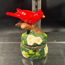 Vintage Ceramic Red Cardinal Bird Hinged Trinket Box Floral Base 3 Inch picture