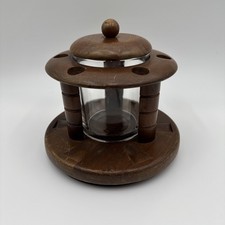 Vintage Duk-It Walnut 6 Pipe Stand Holder Rack Glass Tobacco Jar Humidor MCM picture