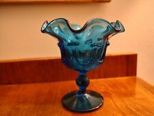 Fenton Compote Marine/Cobalt Blue Glass Pedestal Ruffled Edge Candy Dish 5.5
