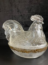 Challinor, Taylor Rooster on Nest Clear Gold Gilt EAPG Basketweave 1888 Antique picture