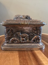 antique Victorian metal Hunting relief carved casket trinket box. picture