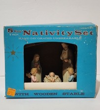 Vintage Resin Wooden Stable Nativity Set With Figures, 5 Piece picture