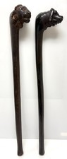 Lot 2 African Hand Carved Wood Animal Head Short Club Baton Lion Buffalo 23