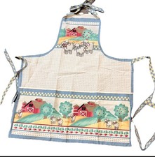 Vintage 80s Granny Country Farm Print Sheep White Dot Full Apron Trad Wife picture