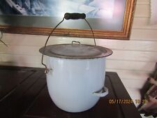 VTG. GRAY ENAMELWARE CHAMBER POT W/ WIRE & WOOD HANDLE + POURING HANDLE-RARE picture