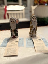 Vintage Hand-Carved Jolly Claus Santa Figurines Set of 2 w/ Registration Cards picture