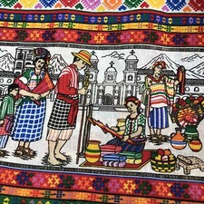 Vintage Cotton TABLECLOTH Multi-Color Stripes ETHNIC Guatamalan scene Colorful picture