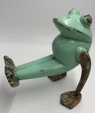 VTG Wooden Whimsical Frog Folk Art Distressed Mint Green Yoga From England OOAK picture