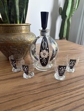 Vintage 1930s Bohemian Glass Decanter Set With Shot Glasses Black Art Deco Glass picture