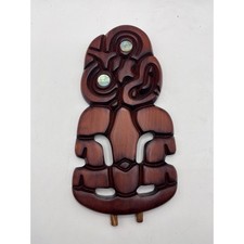 Vintage Maori Wood Carving Hei Tiki Rotorua New Zealand Abalone Paua Shell Eyes picture
