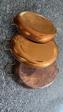 Set of  3 Vintage Copper Finish Oval Au Gratin Pans  Double Brass Handles  picture