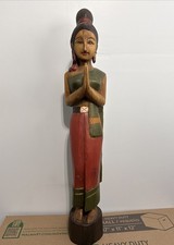 Hand-Carved Thai Woman Statue – 29” Wooden Sculpture Sawasdee Wai Greeting Pose picture