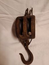 Vintage Wood Block & Tackle Double Metal Pulley Barn Hook  picture