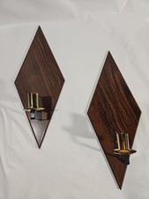 Vtg MCM Wall Sconces Pair Brass Tone Candle Holders Atomic Diamond Wood Panels picture