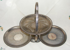 Vintage Chrome 3 Tiered Fold Up Basket Plate Snack Tray Holder picture
