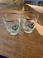 Two Antique France Scottish Thistle Handpainted Gold Tipped Shot Cordial Glasses picture