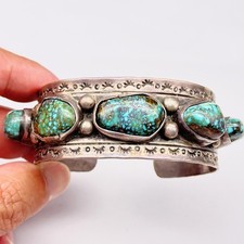 Vintage Southwestern Turquoise 5 Stone Silver Bracelet Cuff 6.75