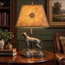 Vintage Maitland Smith Bronze Pointer Dog Lamp Marble Base Leather Shade 23” picture