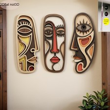 Wooden abstract wall art set three geometric face plaques picture