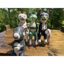 Vintage Hand Carved Wood Folk Art Animals Cat Frog Dog Indonesian Set picture