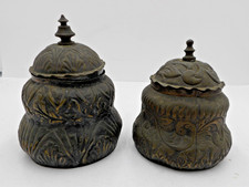 2 Small Antique Brass? Jars Covered Boxes Urns Embossed Scroll Designs picture